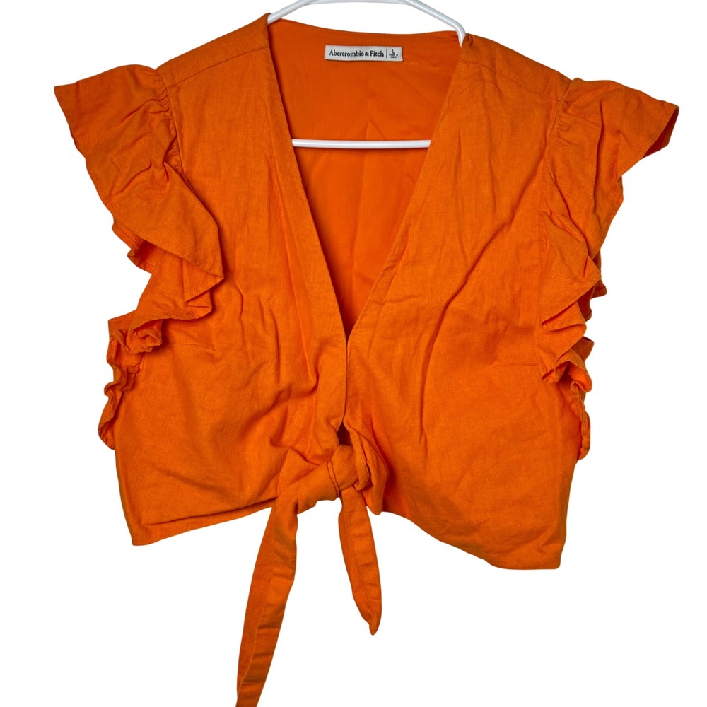 Abercrombie & Fitch Crop Top Womens L Orange‎ Linen Blend Ruffle Tie Front